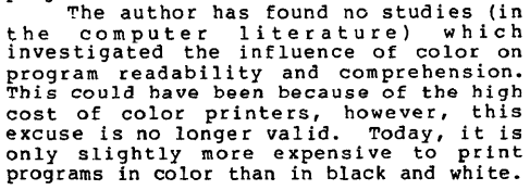 From Rambally's 1986 paper "The influence of color on program readability and comprehensibility" (ACM, public link), amusingly only available in black and white.